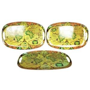 Vintage MCM Old World Map Fiberboard Set of Three Serving Trays Made in Japan